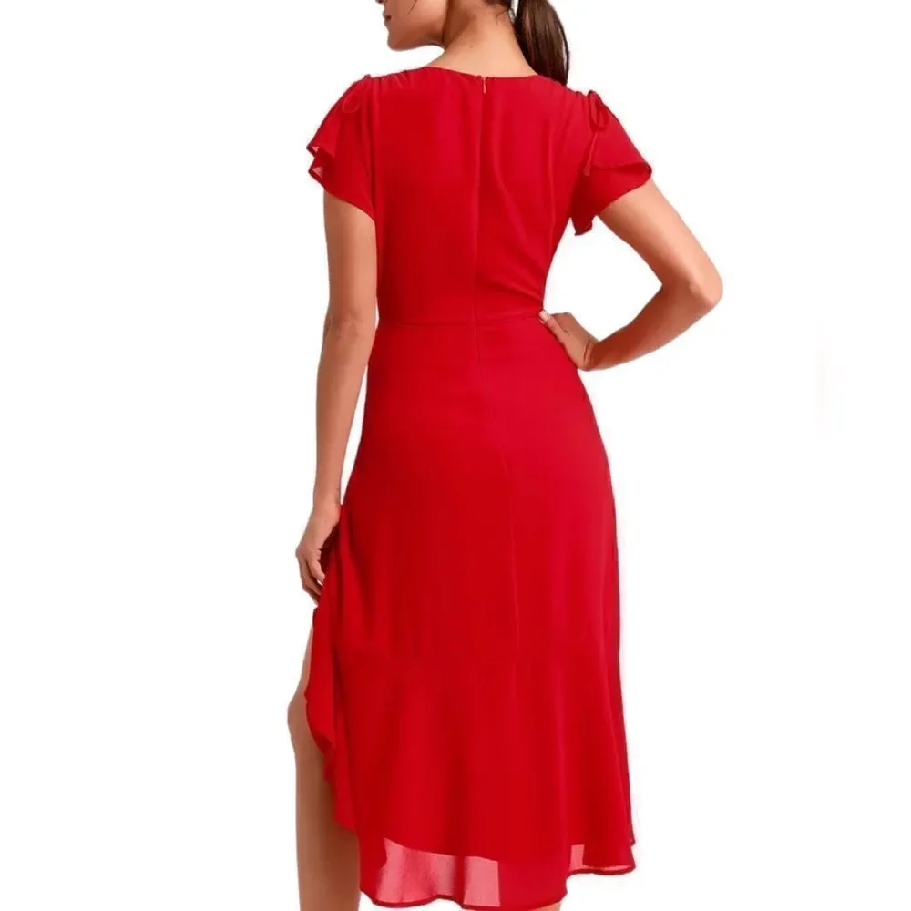 NWT Lulu’s Outstanding Red Ruched High-Low Midi Dress size S - Picture 3 of 12